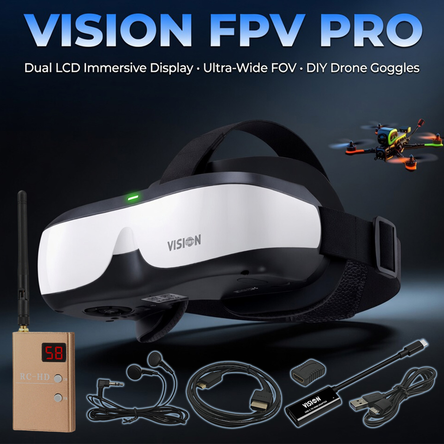 Fpv Drone Goggles - แว่นตา FPV, จอแสดงผลแบบติดศีรษะ, เครื่องรับสัญญาณวิดีโอแบบอนาล็อก, หมวกนิรภัยสำหรับการบินระดับเริ่มต้น, แว่นตาแบบไม่ใช่